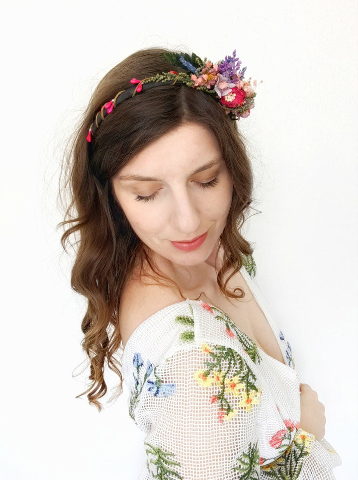 Magenta Purple Flower Headband: Boho Bridal Headpiece – handmade floral hair accessory by magaela