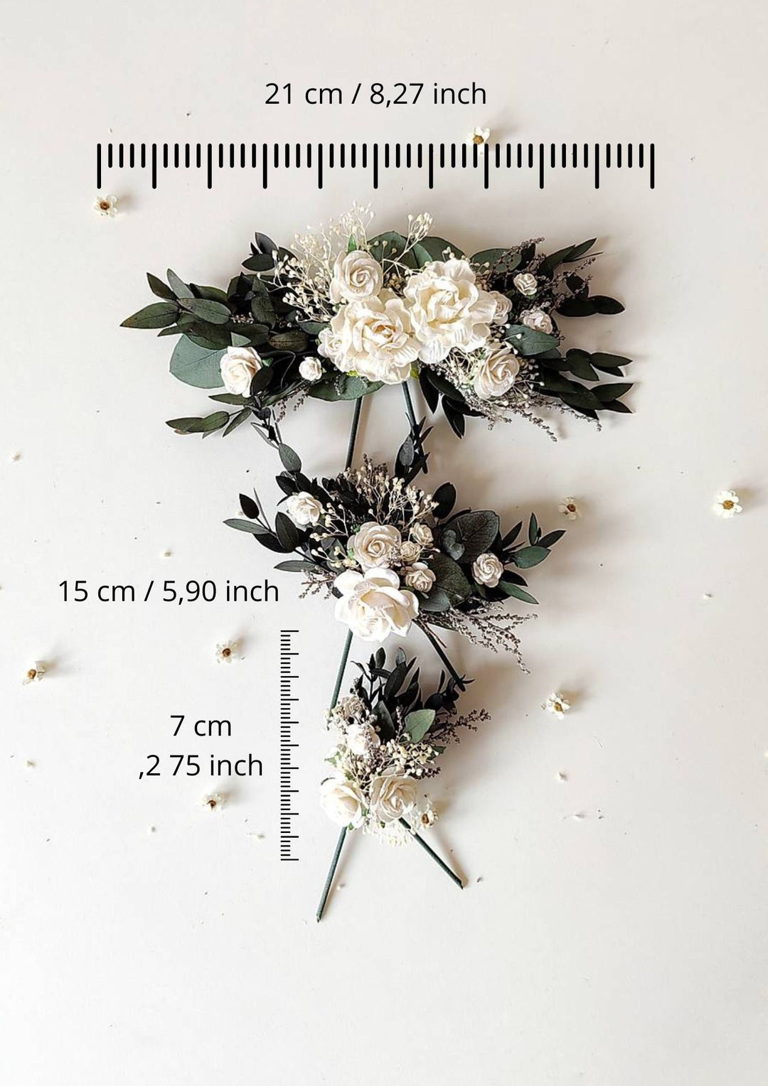 Eucalyptus Wedding Cake Toppers: White Roses & Baby's Breath Flower Set – handmade floral hair accessory by magaela