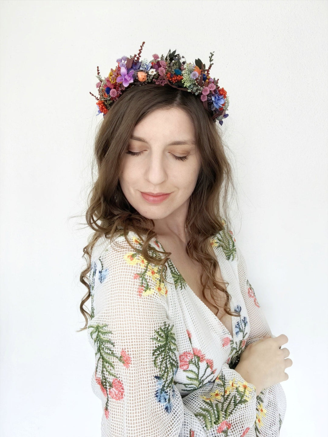 Colorful Preserved Flower Crown: Bridal Meadow Headpiece – handmade floral hair accessory by magaela