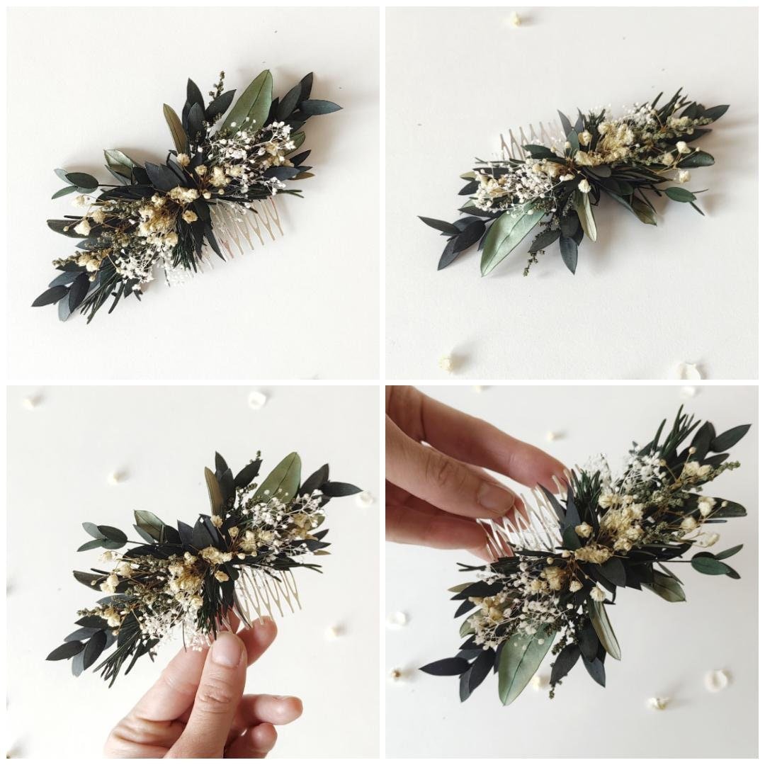 Greenery Wedding Hair Comb: Baby's Breath, Rosemary & Olive Leaves – handmade floral hair accessory by magaela