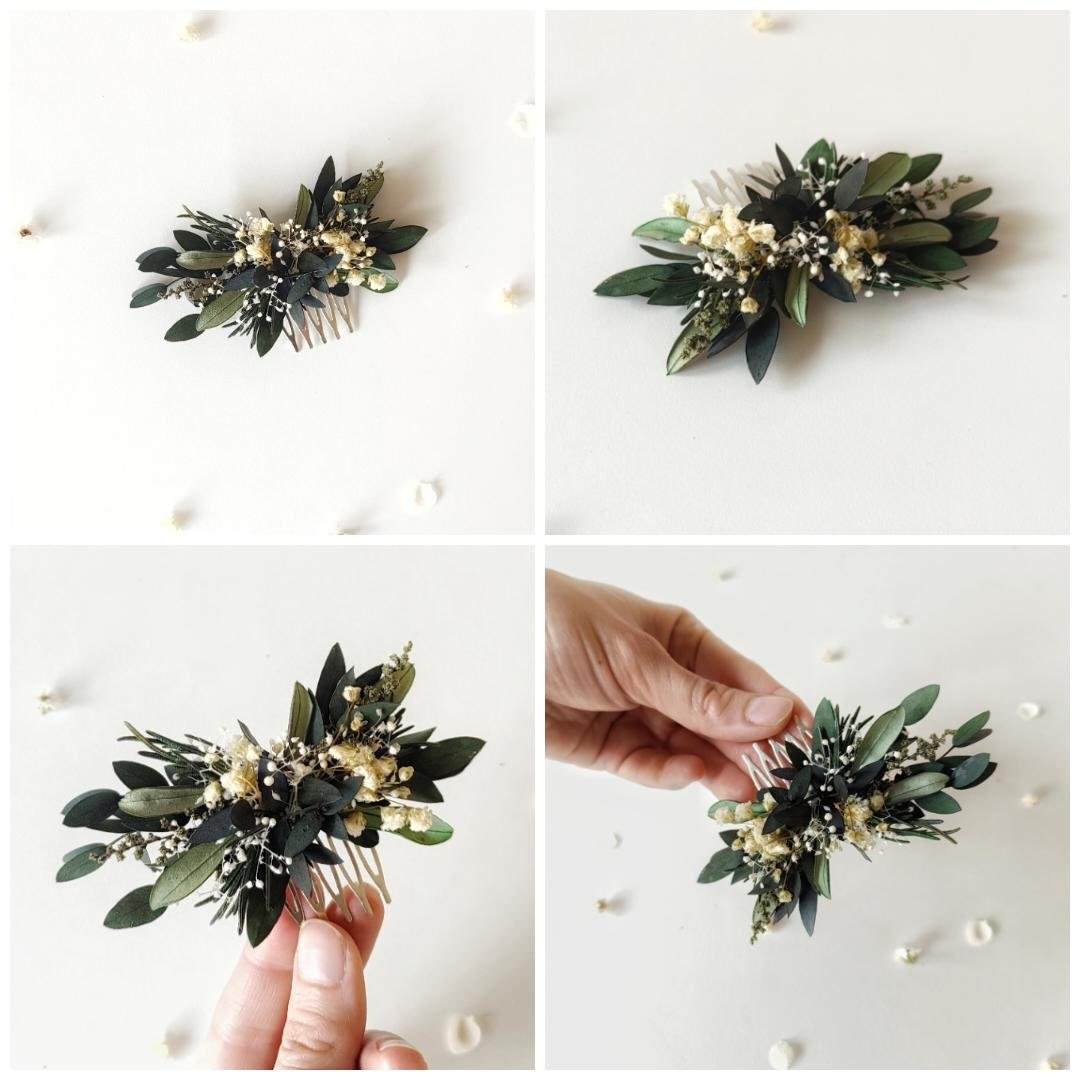 Greenery Wedding Hair Comb: Baby's Breath, Rosemary & Olive Leaves – handmade floral hair accessory by magaela