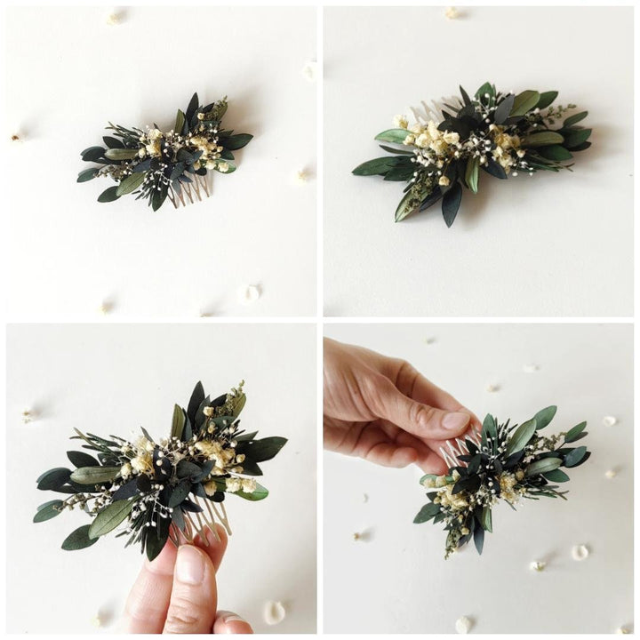 Greenery Wedding Hair Comb: Baby's Breath, Rosemary & Olive Leaves – handmade floral hair accessory by magaela