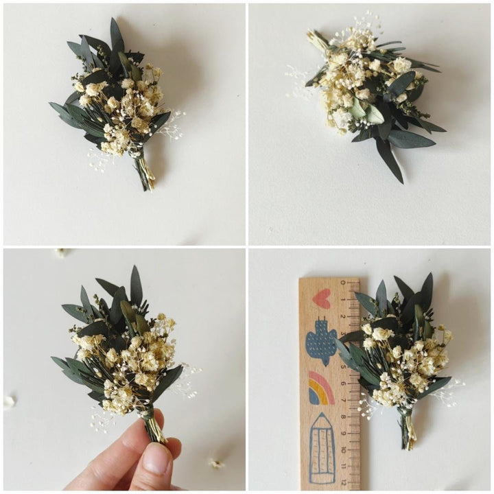 Greenery Wedding Boutonniere: Eucalyptus & Baby's Breath, Groom Accessory – handmade floral hair accessory by magaela