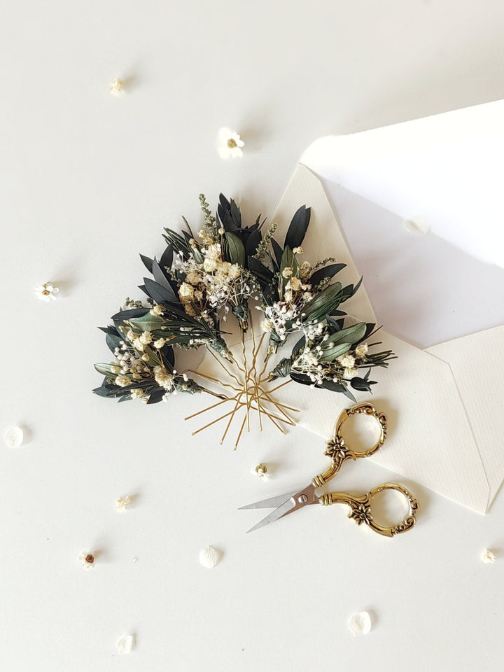 Greenery Bridal Hair Pins: Eucalyptus, Baby's Breath, Rosemary – handmade floral hair accessory by magaela