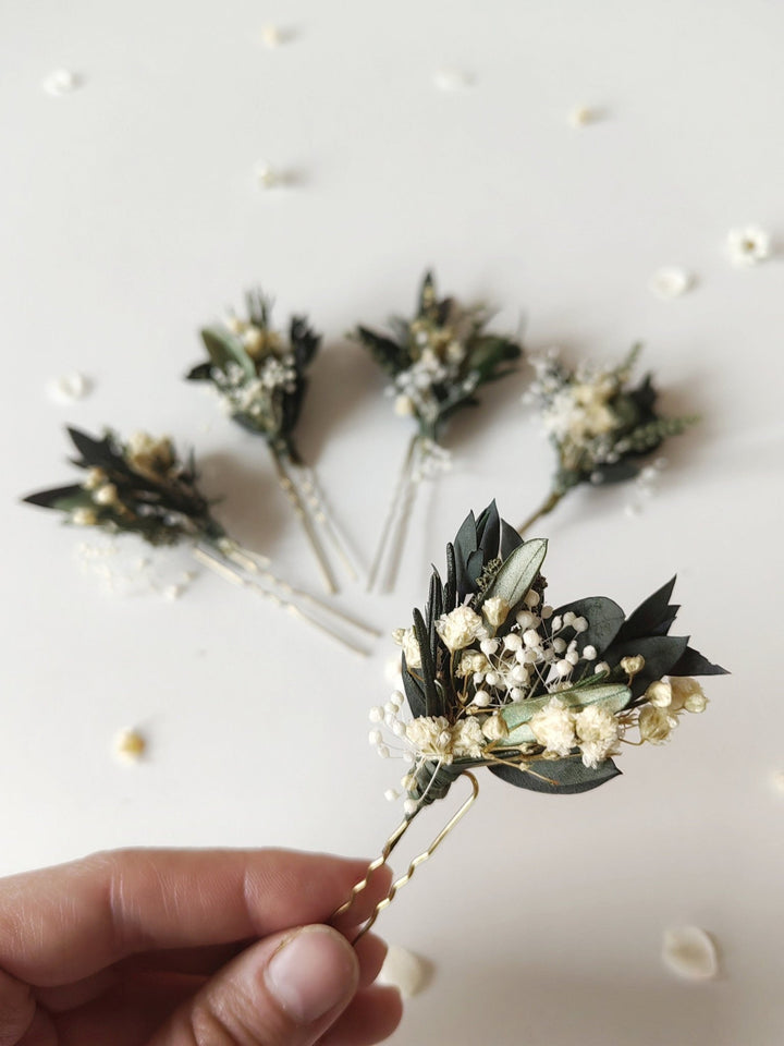 Greenery Bridal Hair Pins: Eucalyptus, Baby's Breath, Rosemary – handmade floral hair accessory by magaela
