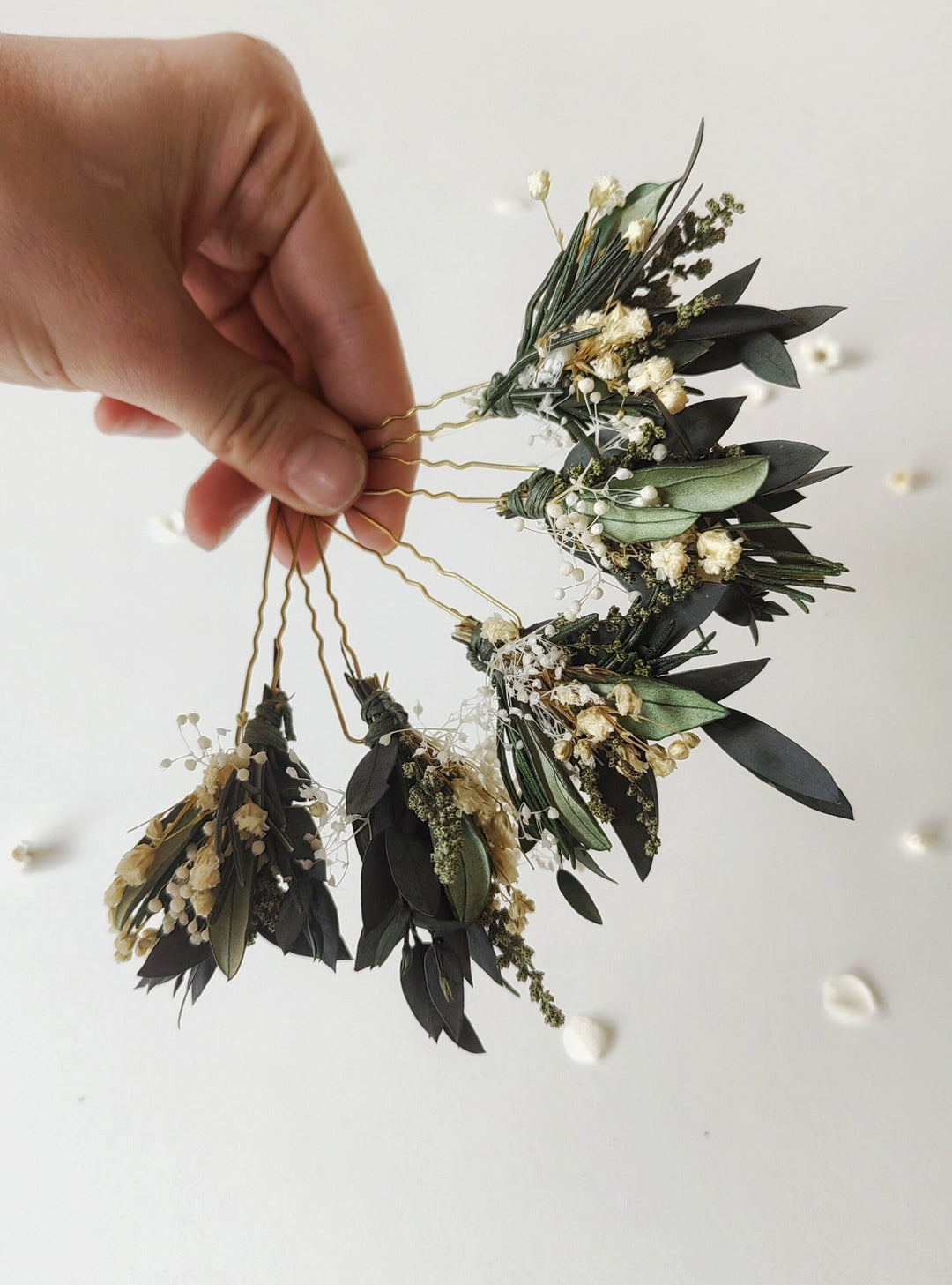 Greenery Bridal Hair Pins: Eucalyptus, Baby's Breath, Rosemary – handmade floral hair accessory by magaela
