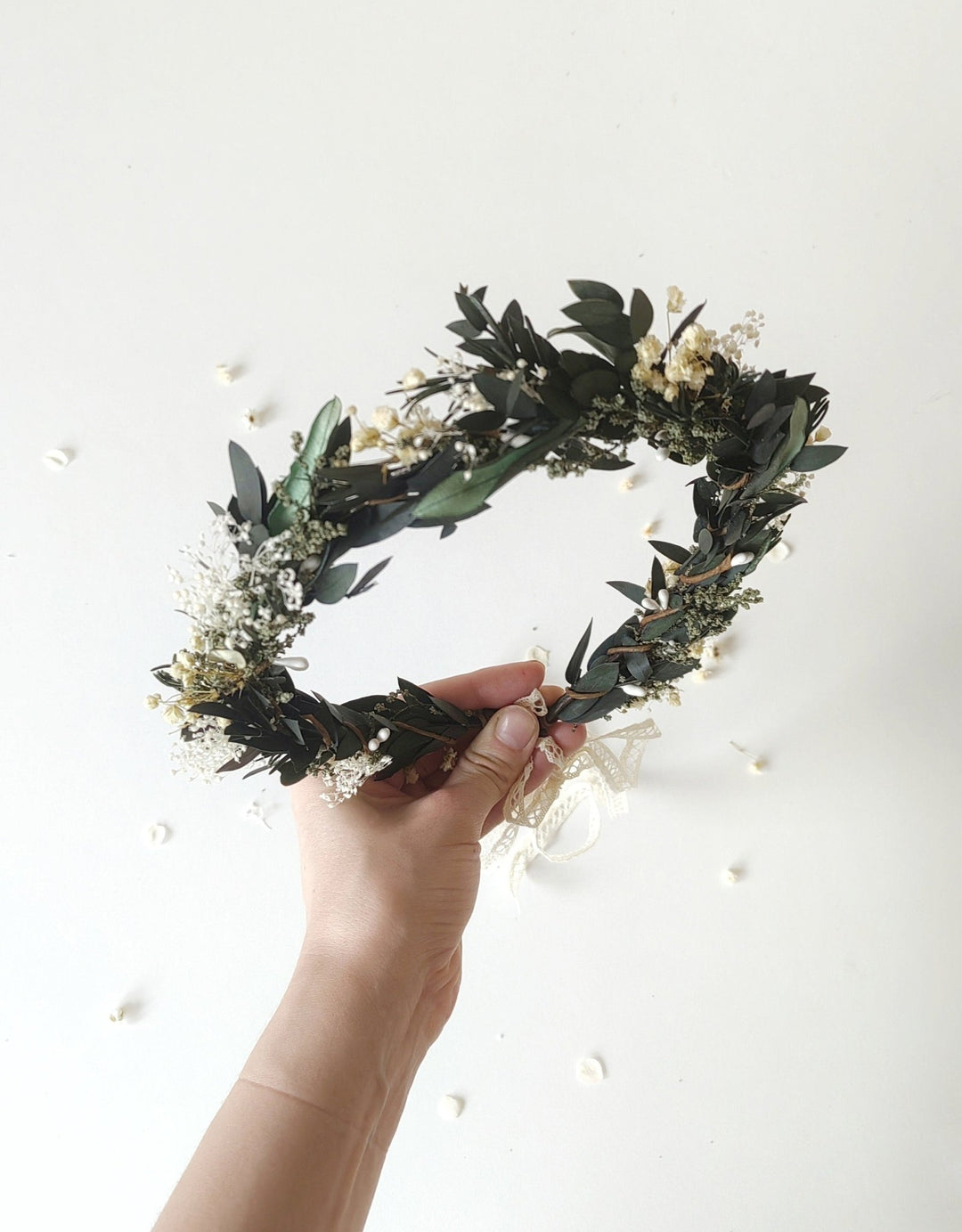Greenery Wedding Hair Crown: Eucalyptus & Baby's Breath Flower Wreath – handmade floral hair accessory by magaela