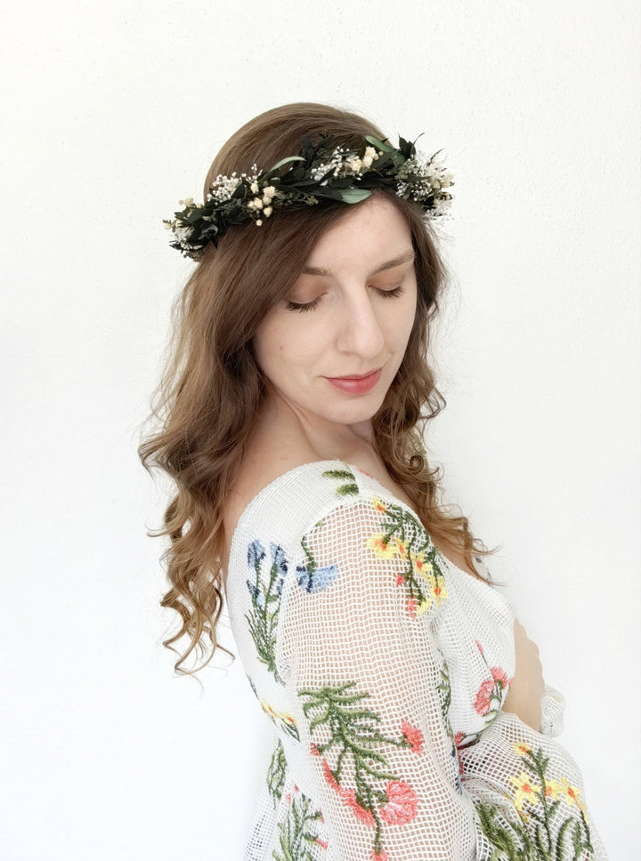 Greenery Wedding Hair Crown: Eucalyptus & Baby's Breath Flower Wreath – handmade floral hair accessory by magaela