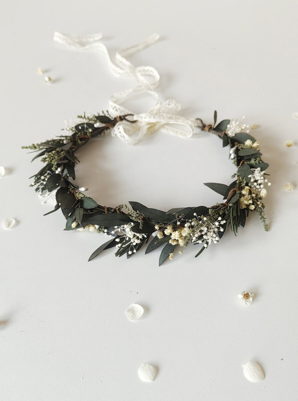 Natural Greenery Wedding Crown: Baby's Breath, Olive Leaf, Rosemary – handmade floral hair accessory by magaela