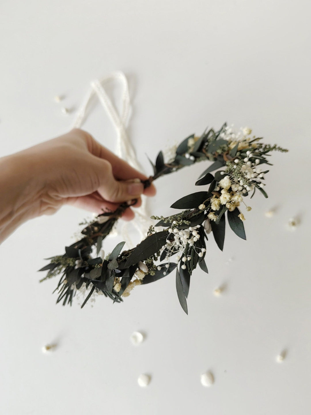 Natural Greenery Wedding Crown: Baby's Breath, Olive Leaf, Rosemary – handmade floral hair accessory by magaela