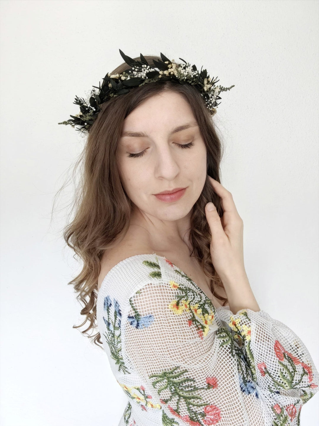 Natural Greenery Wedding Crown: Baby's Breath, Olive Leaf, Rosemary – handmade floral hair accessory by magaela