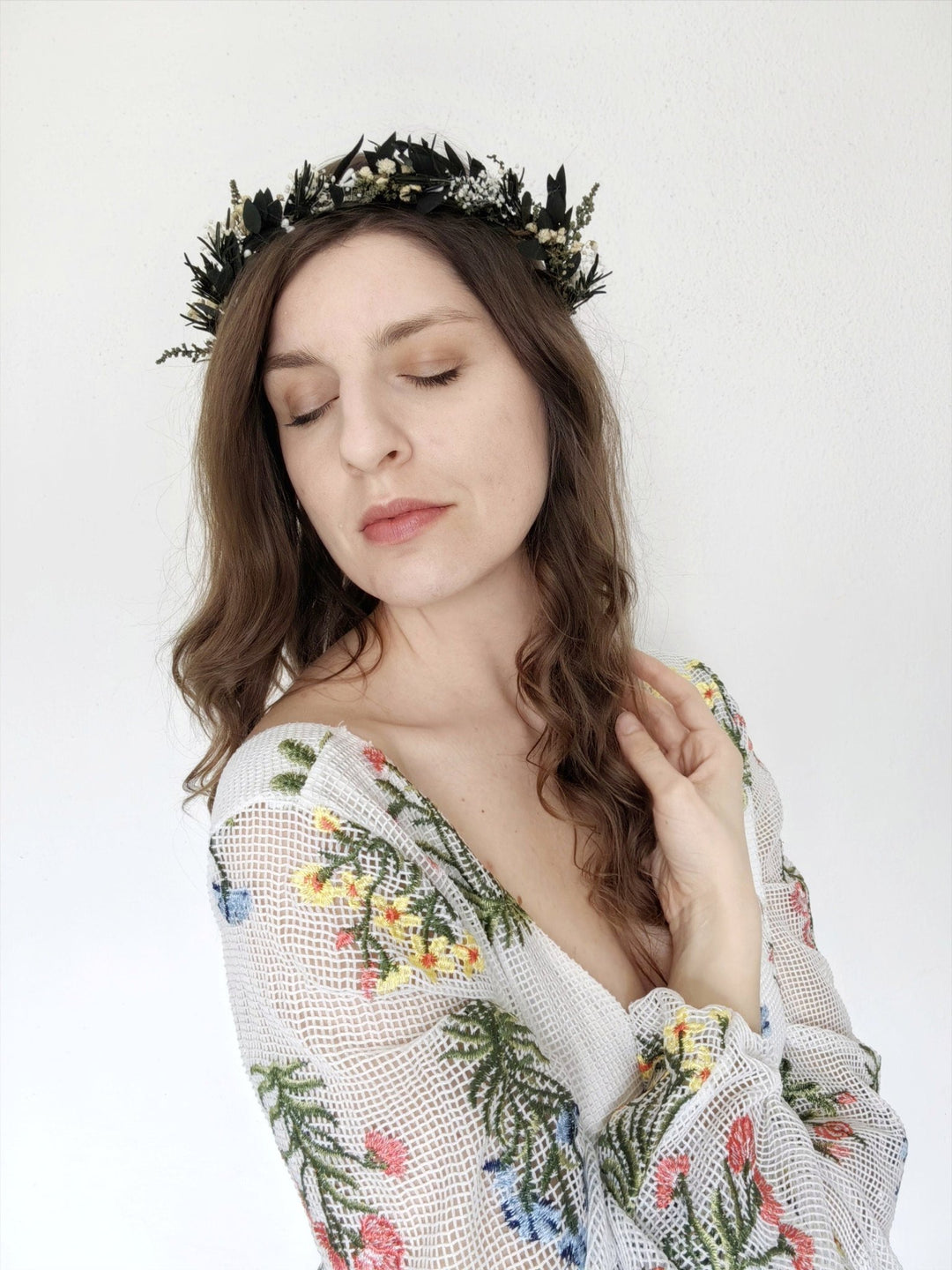 Natural Greenery Wedding Crown: Baby's Breath, Olive Leaf, Rosemary – handmade floral hair accessory by magaela