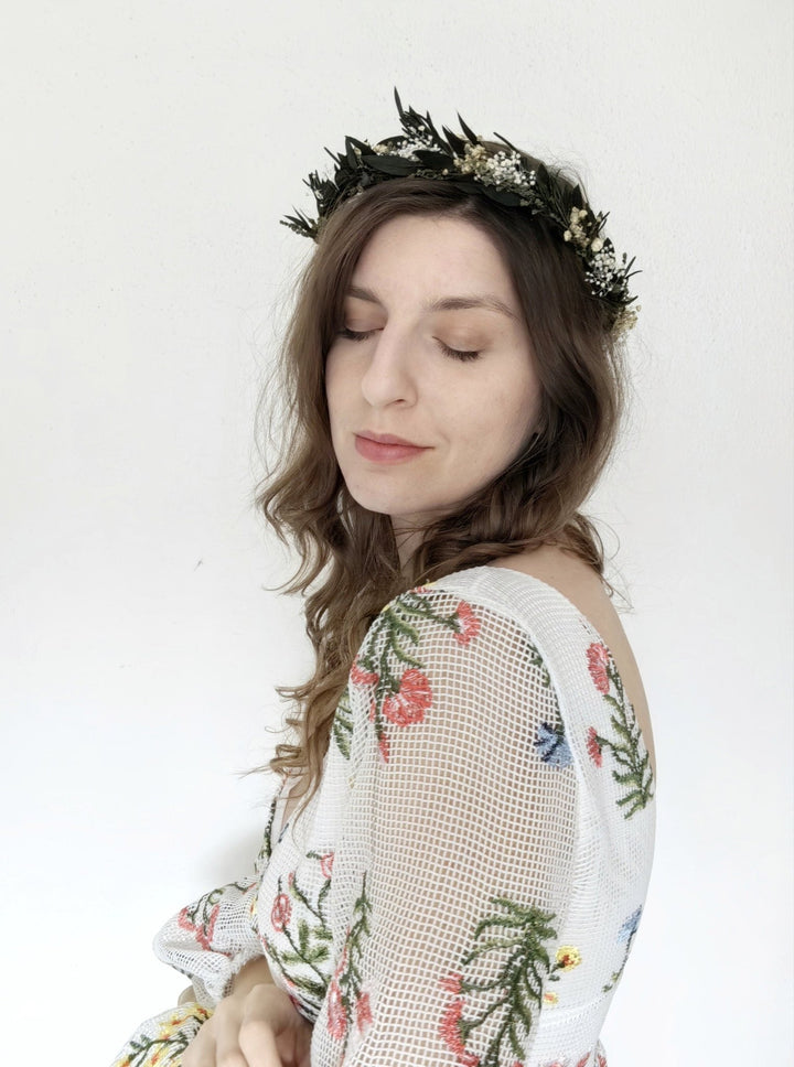 Natural Greenery Wedding Crown: Baby's Breath, Olive Leaf, Rosemary – handmade floral hair accessory by magaela