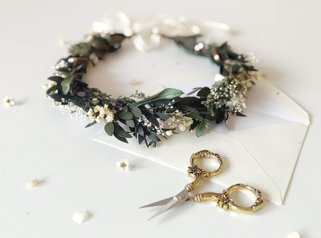 Greenery Wedding Hair Crown: Eucalyptus & Baby's Breath Flower Wreath – handmade floral hair accessory by magaela