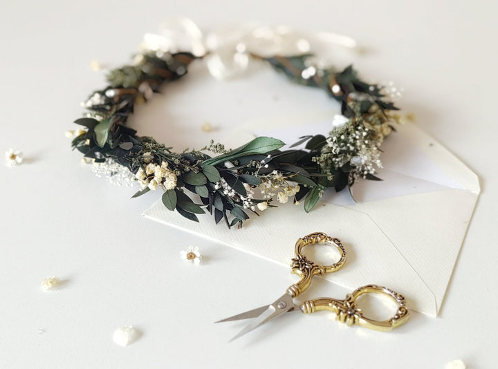 Greenery Wedding Hair Crown: Eucalyptus & Baby's Breath Flower Wreath – handmade floral hair accessory by magaela