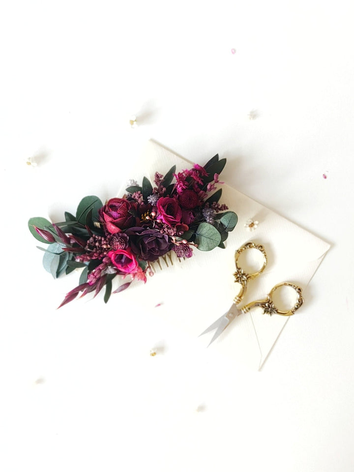 Burgundy Flower Hair Comb: Plum Wedding Headpiece – handmade floral hair accessory by magaela