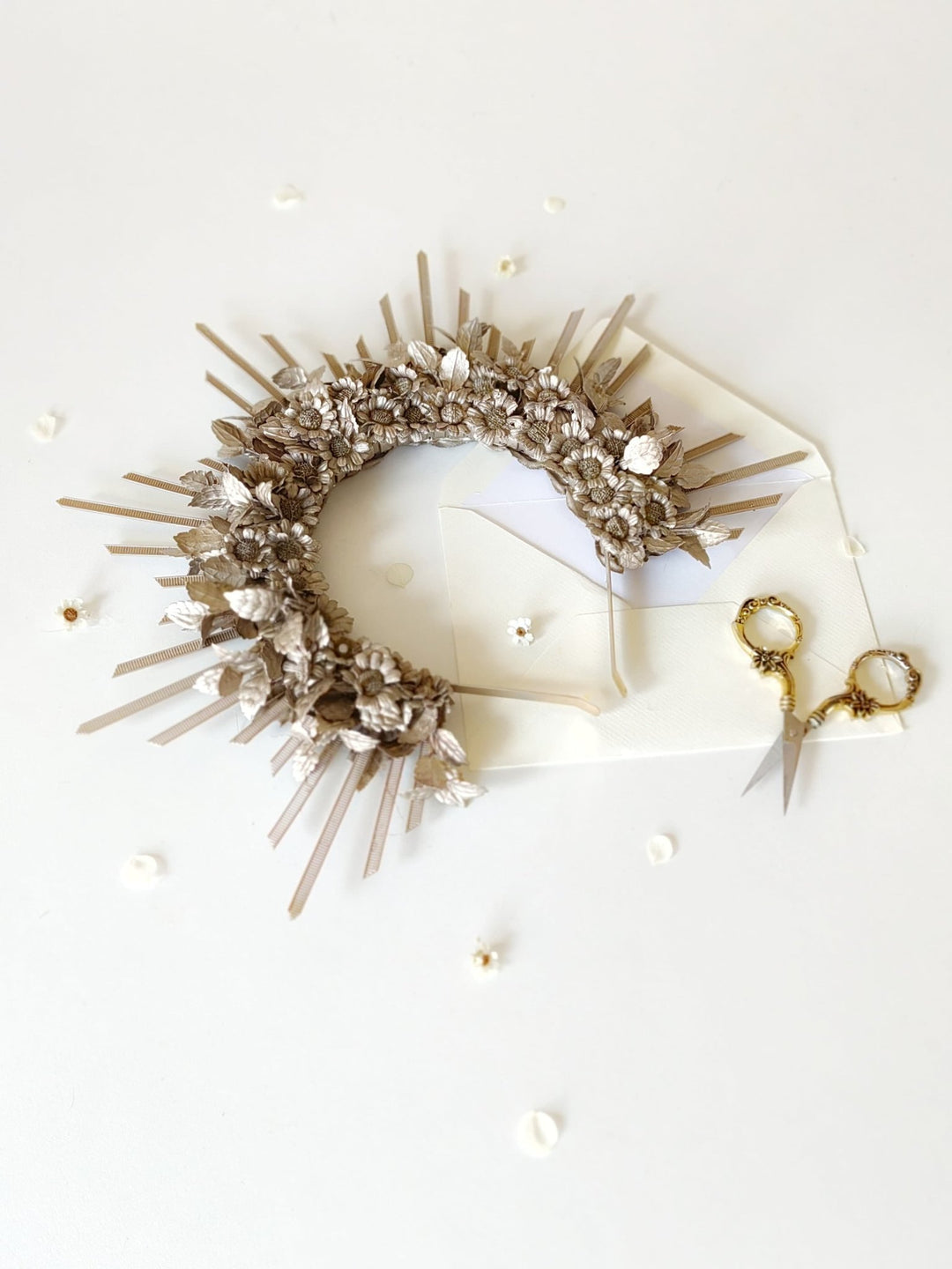 Rose Gold Spiked Bridal Halo Crown: Wedding Festival Headband – handmade floral hair accessory by magaela