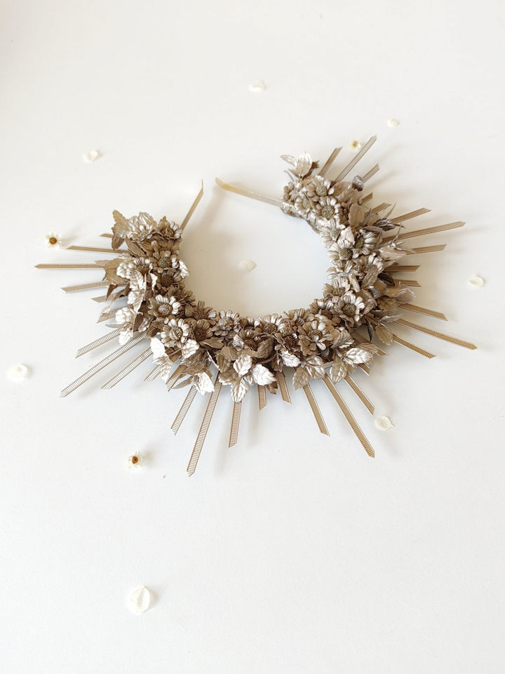 Rose Gold Spiked Bridal Halo Crown: Wedding Festival Headband – handmade floral hair accessory by magaela