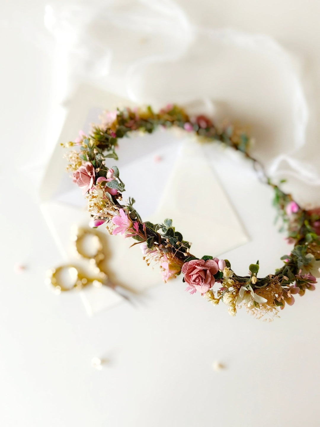 Pink Flower Hair Crown: Romantic Bridal Headpiece, Boho Wedding – handmade floral hair accessory by magaela