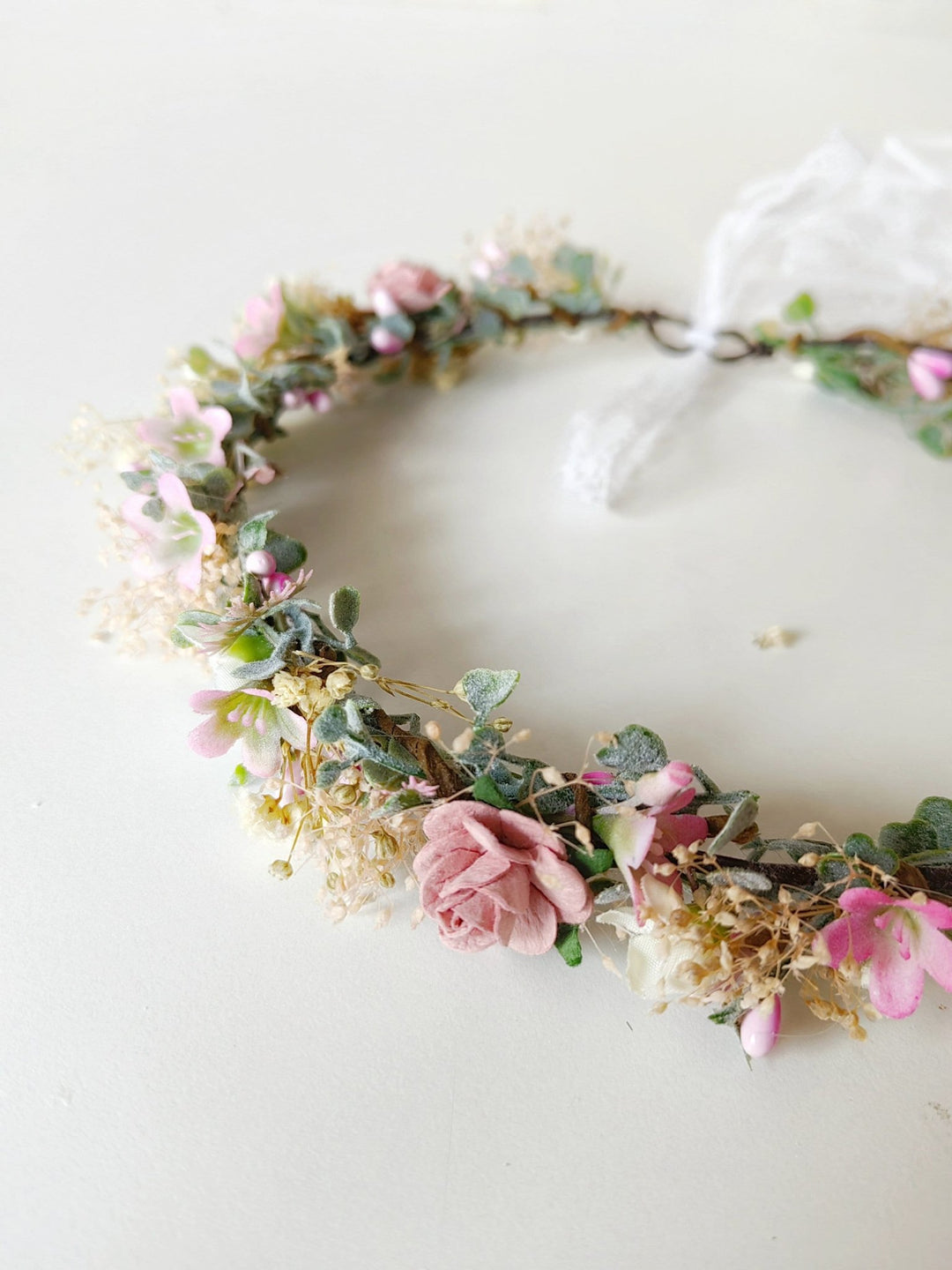 Pink Flower Hair Crown: Romantic Bridal Headpiece, Boho Wedding – handmade floral hair accessory by magaela