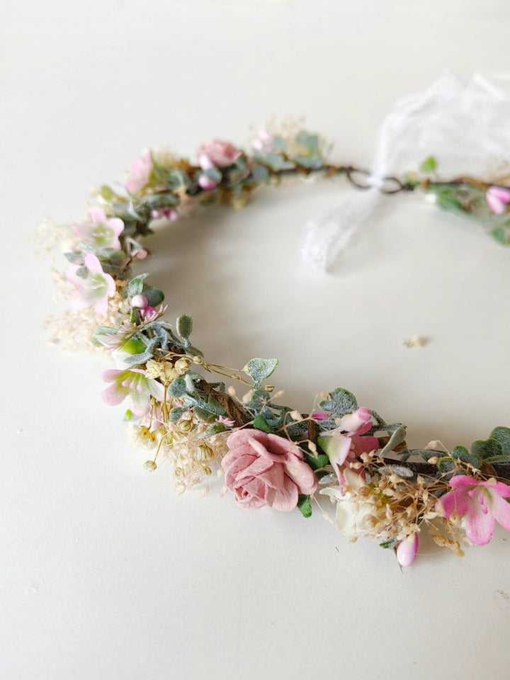 Pink Flower Hair Crown: Romantic Bridal Headpiece, Boho Wedding – handmade floral hair accessory by magaela