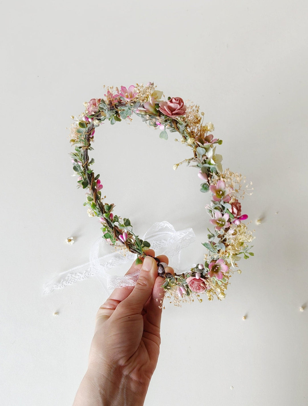 Pink Flower Hair Crown: Romantic Bridal Headpiece, Boho Wedding – handmade floral hair accessory by magaela