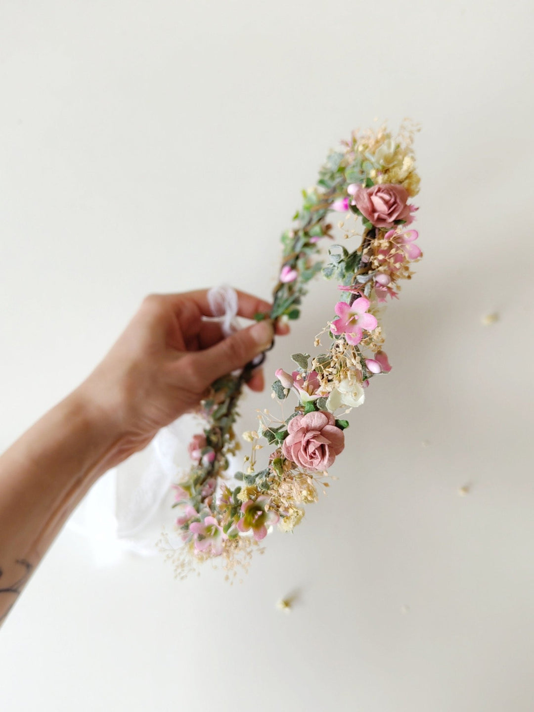 Pink Flower Hair Crown: Romantic Bridal Headpiece, Boho Wedding – handmade floral hair accessory by magaela