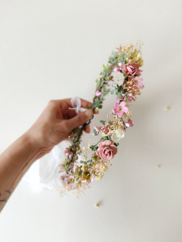 Pink Flower Hair Crown: Romantic Bridal Headpiece, Boho Wedding – handmade floral hair accessory by magaela