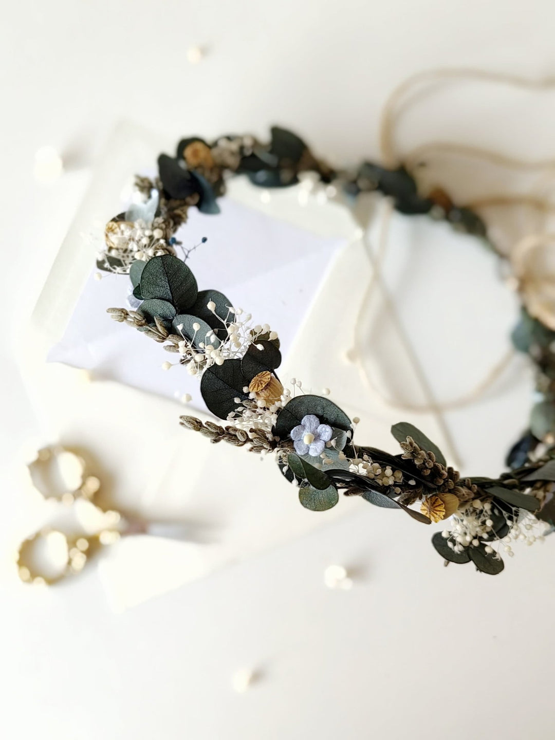 Eucalyptus Flower Hair Wreath: Green Blue Cream Bridal Crown – handmade floral hair accessory by magaela