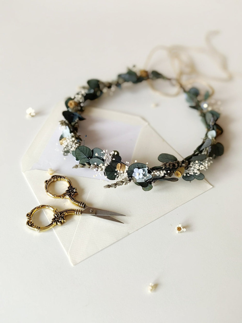 Eucalyptus Flower Hair Wreath: Green Blue Cream Bridal Crown – handmade floral hair accessory by magaela