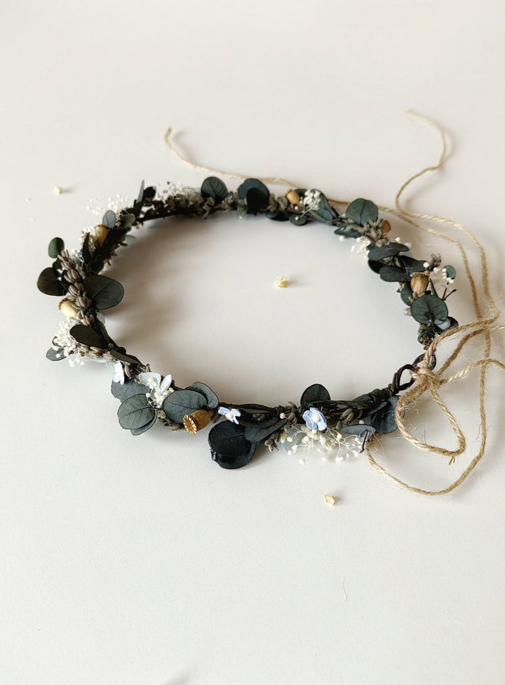 Eucalyptus Flower Hair Wreath: Green Blue Cream Bridal Crown – handmade floral hair accessory by magaela