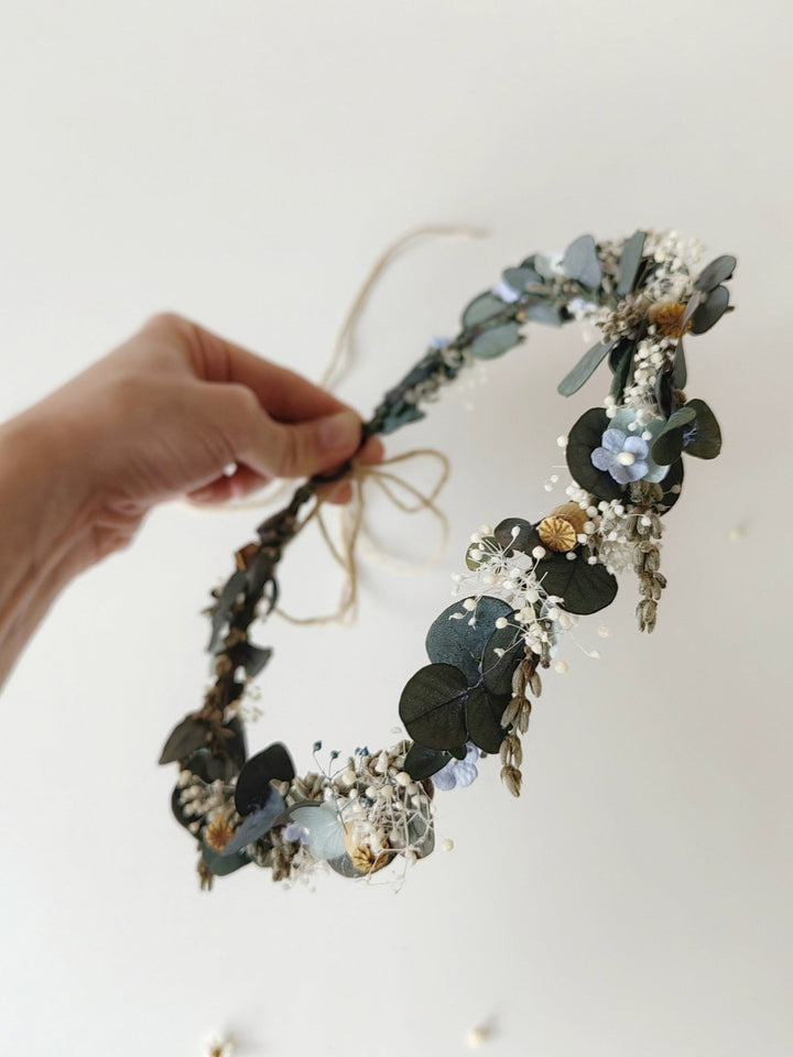 Eucalyptus Flower Hair Wreath: Green Blue Cream Bridal Crown – handmade floral hair accessory by magaela