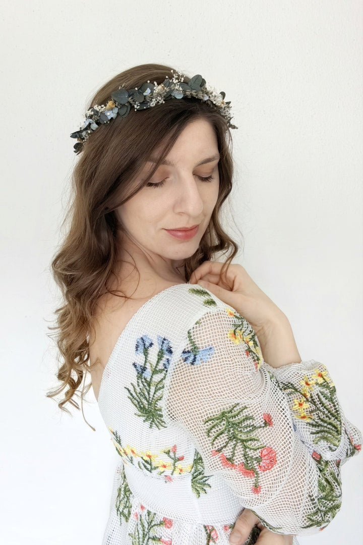 Eucalyptus Flower Hair Wreath: Green Blue Cream Bridal Crown – handmade floral hair accessory by magaela