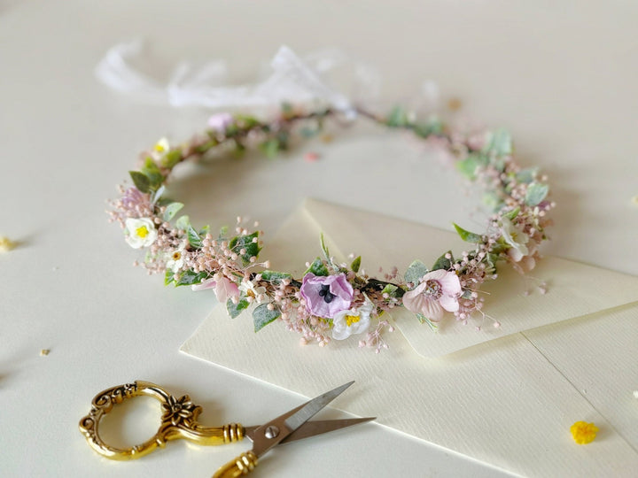 Pastel Flower Hair Crown: Romantic Bridal Headpiece – handmade floral hair accessory by magaela
