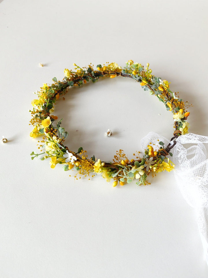 Yellow Daisy Floral Crown: Romantic Bridal Hair Wreath – handmade floral hair accessory by magaela