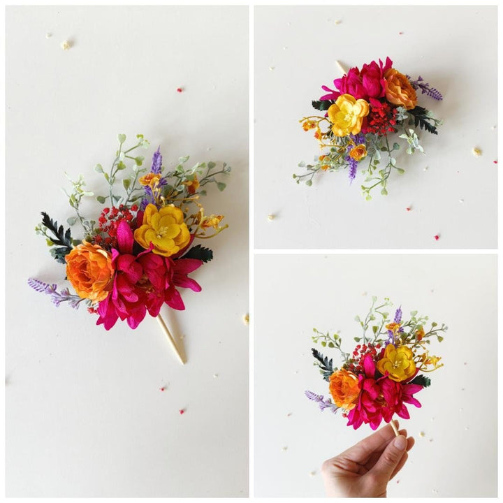 Magenta Boho Flower Cake Toppers: Summer Wedding Decoration, Set of 4 – handmade floral hair accessory by magaela