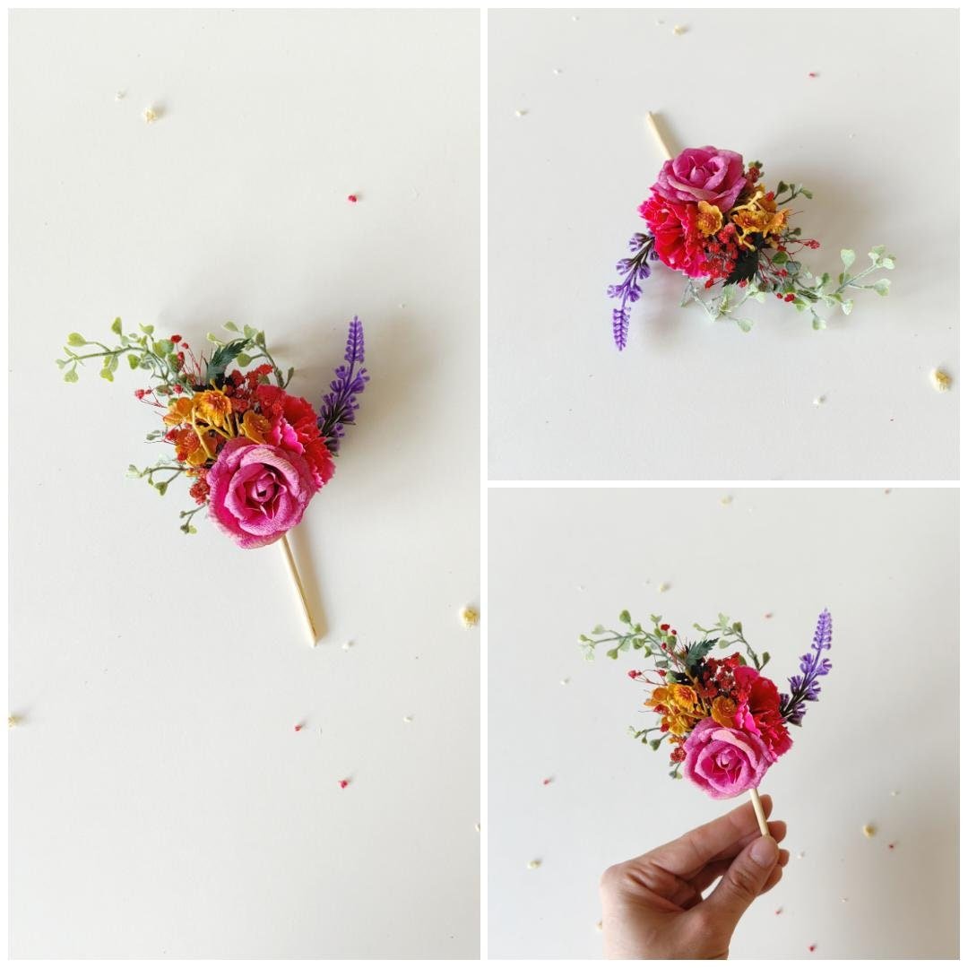 Magenta Boho Flower Cake Toppers: Summer Wedding Decoration, Set of 4 – handmade floral hair accessory by magaela