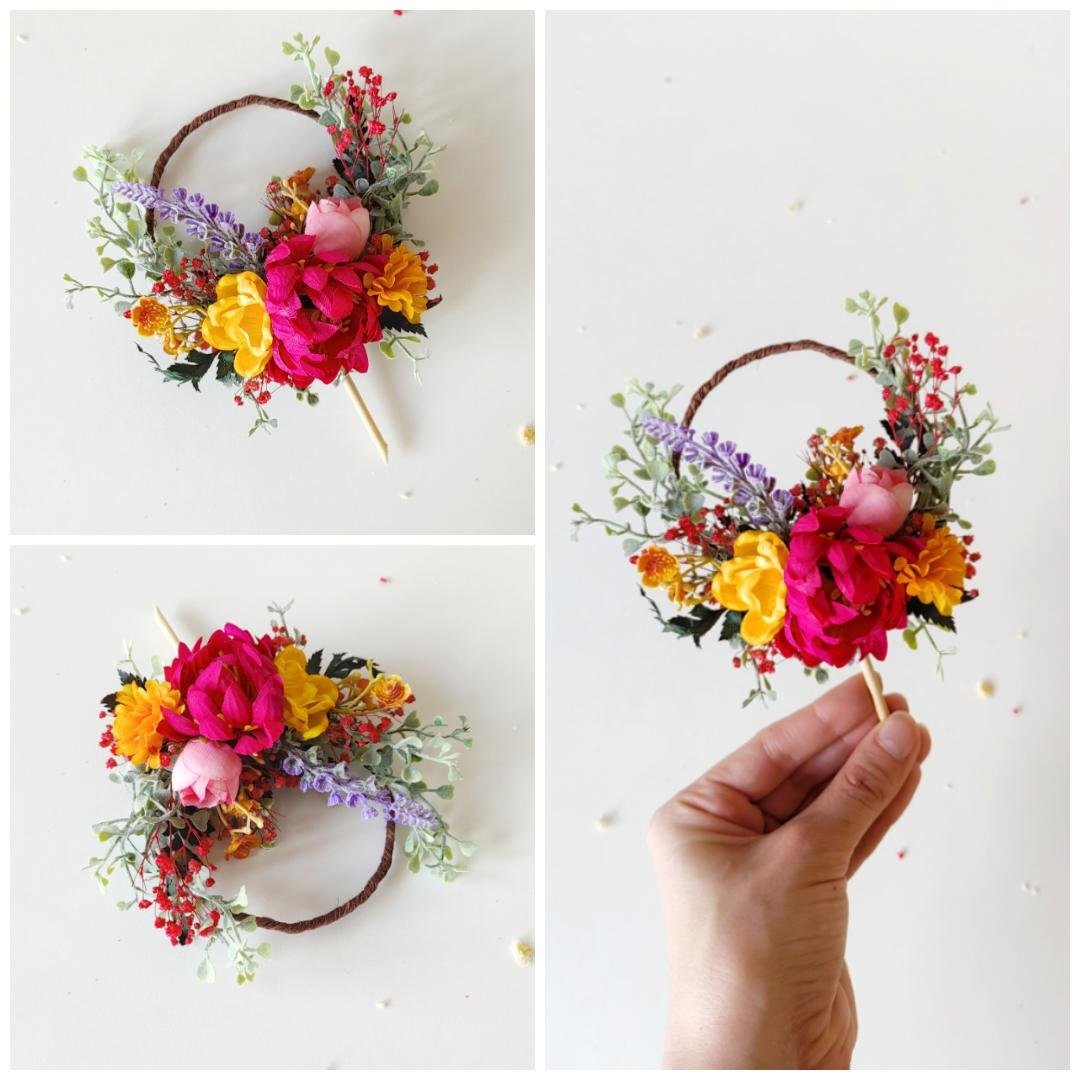 Magenta Boho Flower Cake Toppers: Summer Wedding Decoration, Set of 4 – handmade floral hair accessory by magaela