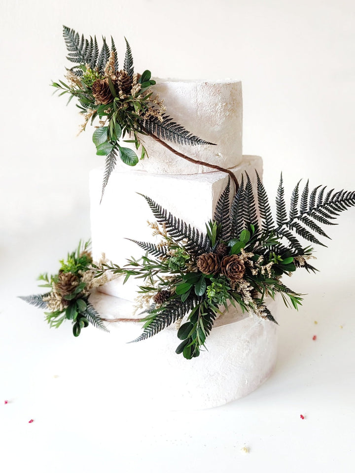 Fern Wedding Cake Topper: Woodland Flower Garland with Pine Cones – handmade floral hair accessory by magaela