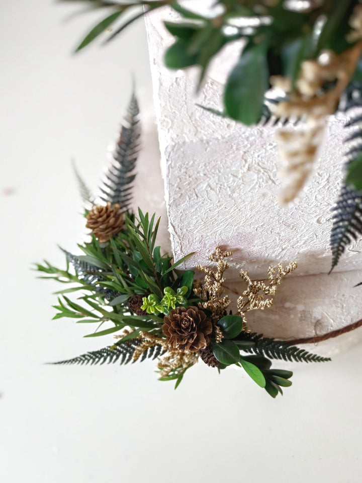 Fern Wedding Cake Topper: Woodland Flower Garland with Pine Cones – handmade floral hair accessory by magaela