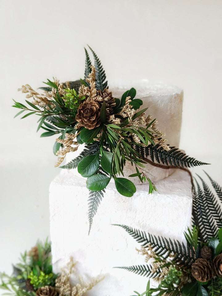 Fern Wedding Cake Topper: Woodland Flower Garland with Pine Cones – handmade floral hair accessory by magaela