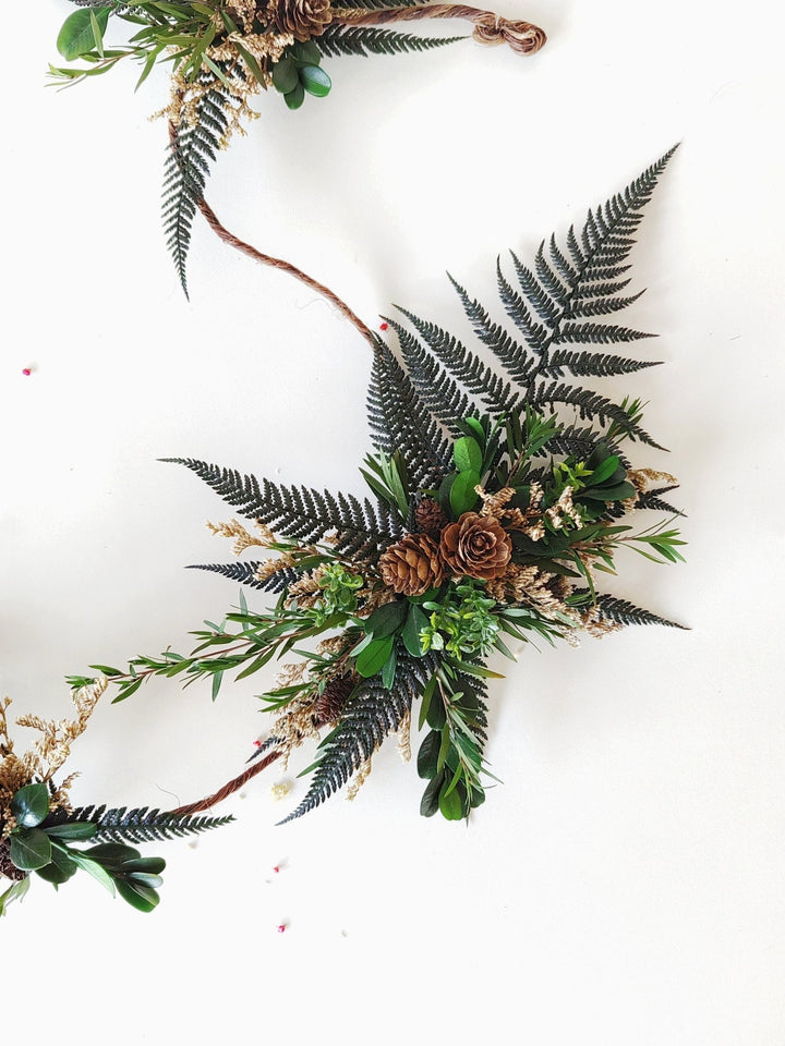Fern Wedding Cake Topper: Woodland Flower Garland with Pine Cones – handmade floral hair accessory by magaela