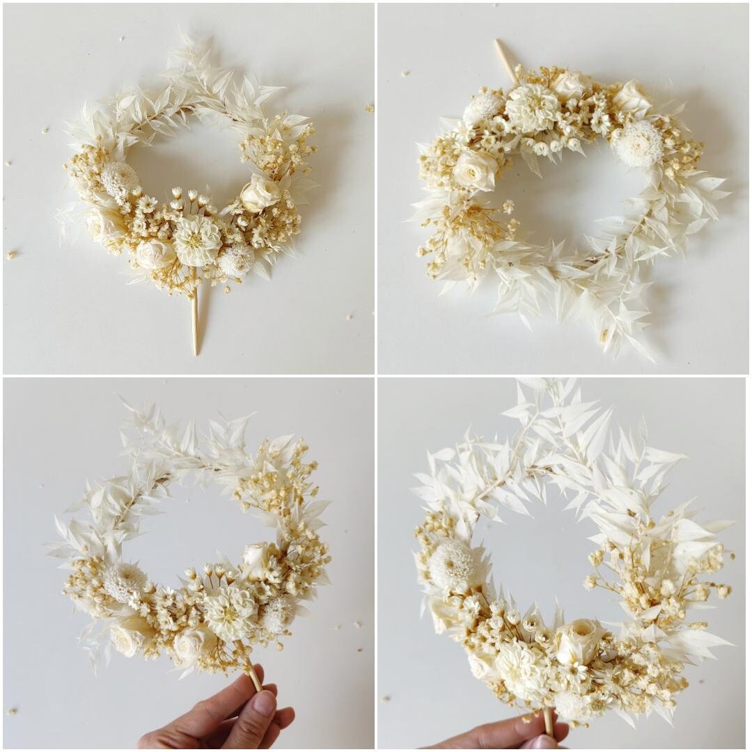 Boho Wedding Cake Topper: Cream Preserved Flower Circle, Rustic Decor – handmade floral hair accessory by magaela