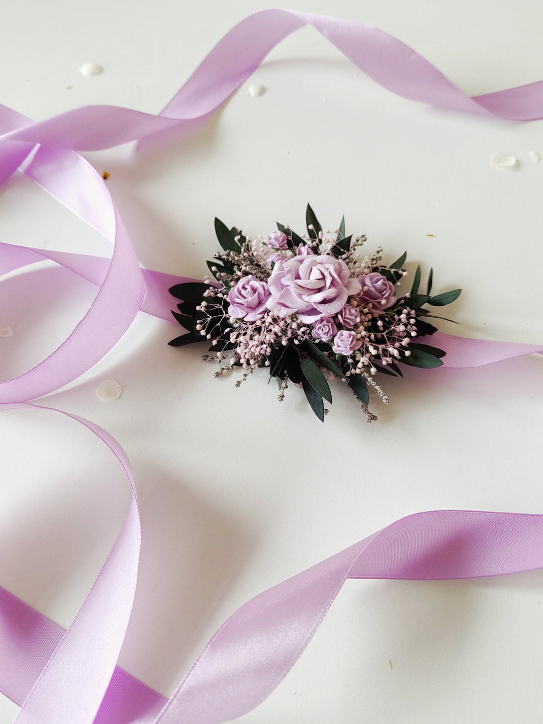 Purple Rose Bridal Belt: Floral Eucalyptus Wedding Dress Sash – handmade floral hair accessory by magaela