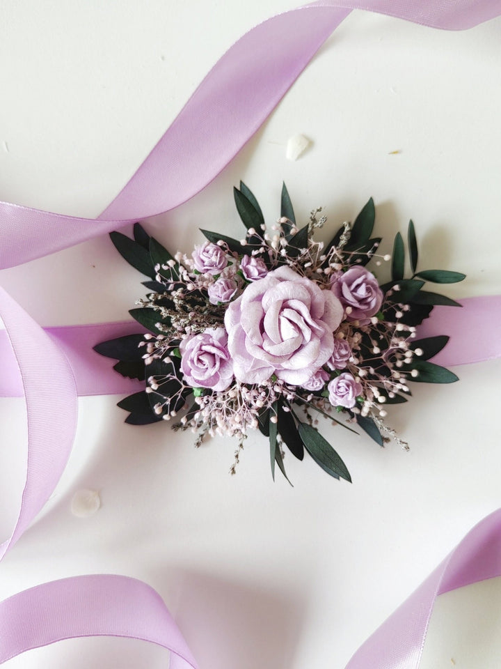 Purple Rose Bridal Belt: Floral Eucalyptus Wedding Dress Sash – handmade floral hair accessory by magaela