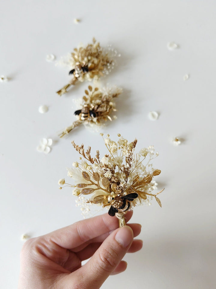 Rustic Bee Boutonniere: Gold Leaf Wedding Groom Accessory – handmade floral hair accessory by magaela