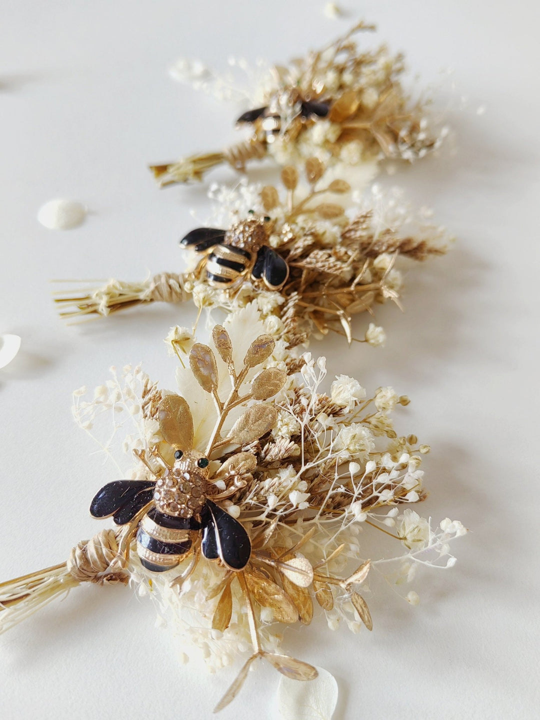 Rustic Bee Boutonniere: Gold Leaf Wedding Groom Accessory – handmade floral hair accessory by magaela