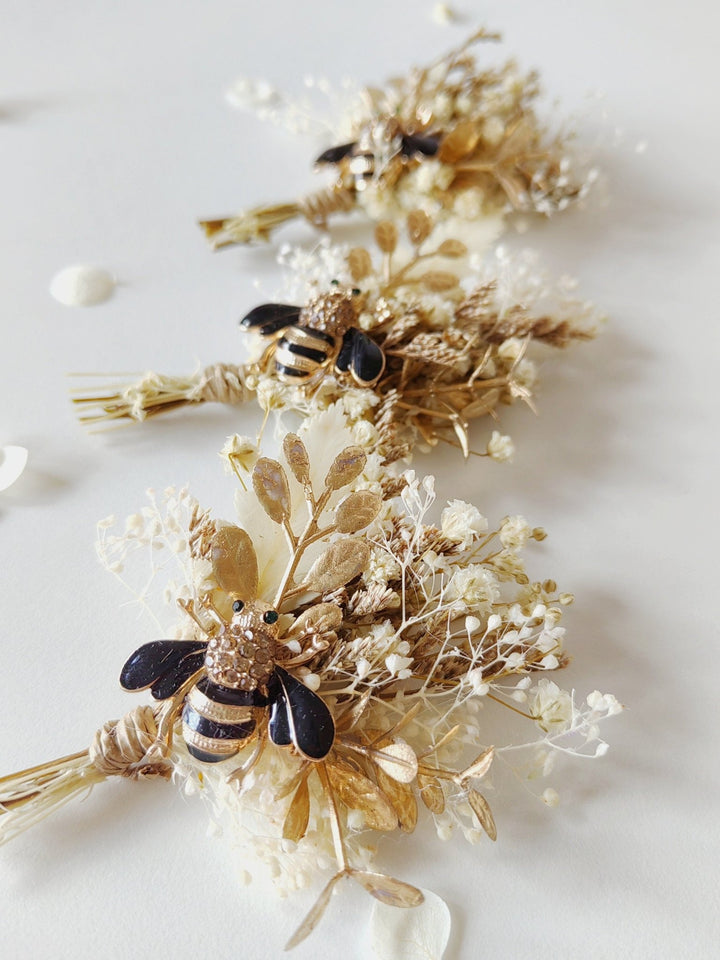 Rustic Bee Boutonniere: Gold Leaf Wedding Groom Accessory – handmade floral hair accessory by magaela