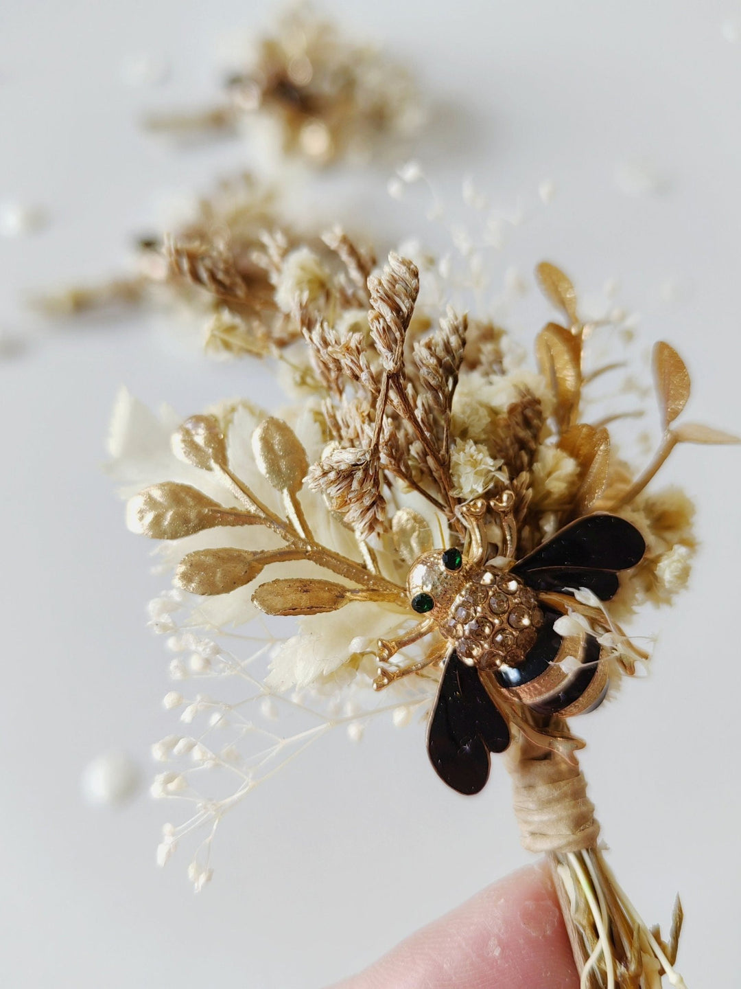 Rustic Bee Boutonniere: Gold Leaf Wedding Groom Accessory – handmade floral hair accessory by magaela