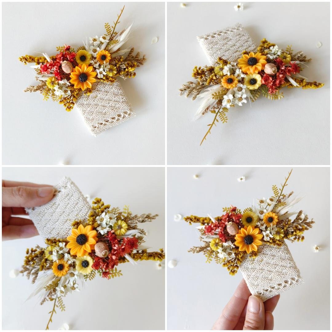 Sunflower Wedding Boutonniere: Anemone & Purple Flowers, Groom Corsage – handmade floral hair accessory by magaela